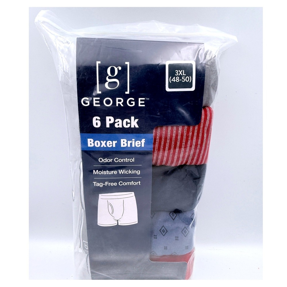 George Boxer Brief 3XL 6 Pack Moisture Wicking Odor Control Tag-Free Cotton